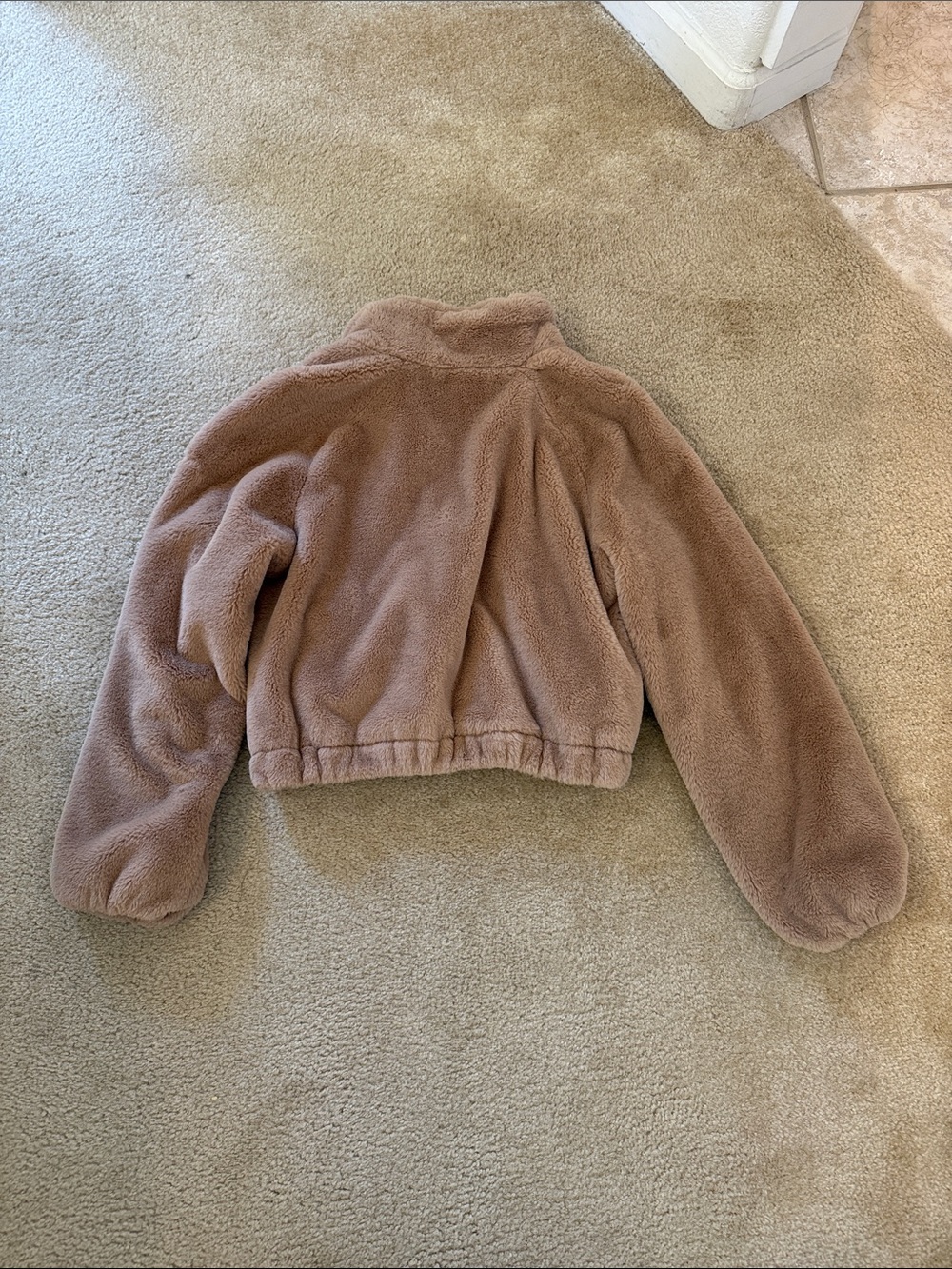 Love Tree Plush Cropped Bomber Jacket in Taupe - Picture 3 of 3